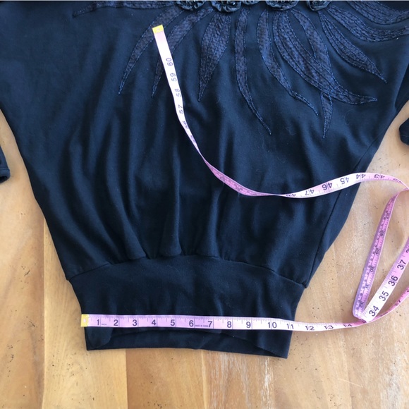 Vintage 80s Black Sweatshirt Batwing Beaded Sequins Flower Appliqué Decorative - Picture 10 of 14